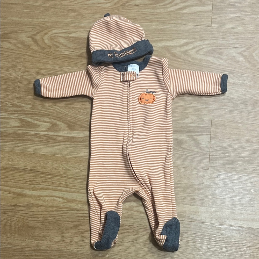 Bon Bebe Striped Orange and Gray Infant One Piece My 1st Halloween w Hat 0-3M